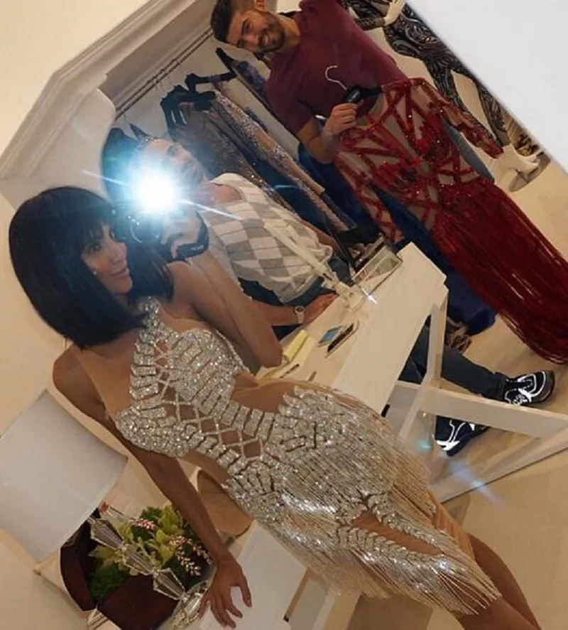 Vestido de noite vestido vestido sem mangas borla manga curta falsa verso joelheira saia yousef aljasmi kim kardashian kylie jenner kendal