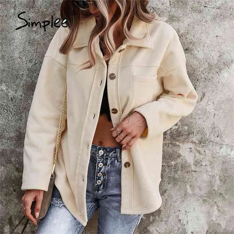 Gömlek Yaka Kış Sonbahar Koyun Ceket Rahat Uzun Kollu Düğme Kısa Ceketler Moda Ofis Bayan Kadın Dış Giyim 210922
