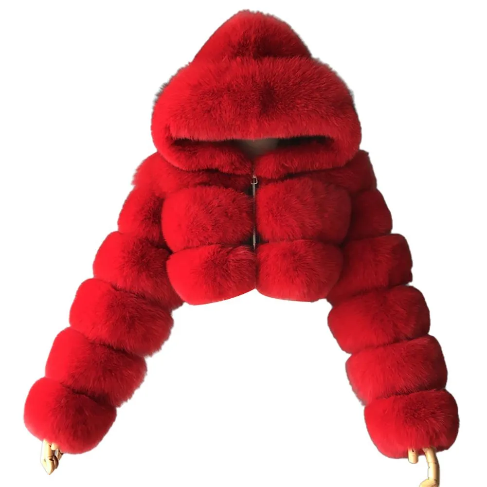 Plus size Women Jacket 2022 Fashion Autumn Winter Faux Fur Cropped Coat Fluffy Zip Hooded Warm Short Jacket