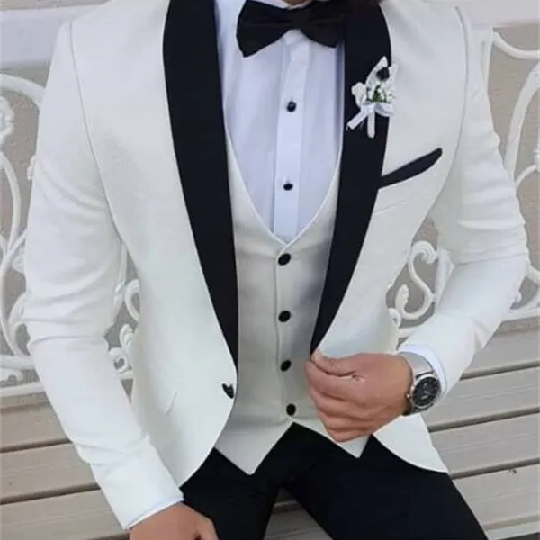 2019 senaste kappa byxor vita män passar svart sjal lapel formella smoking bröllop kostymer för män prom party klänning med byxor x0608