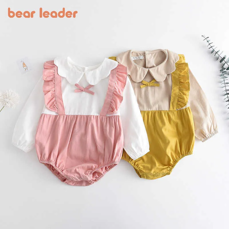 Beer leider peuter baby lente casual rompertjes schattige baby contrast kleur bodysuits geboren meisjes bowtie kleding 0-2 jaar 210708