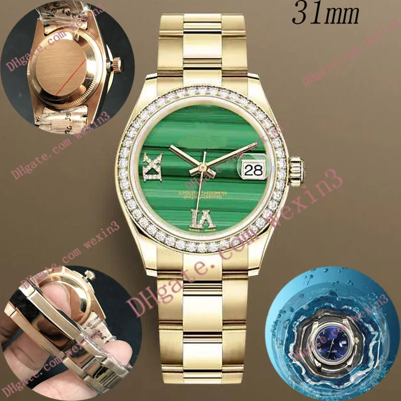 Deluxe Woman Watch 31 mm mechaniczne automatyczne Diamentowe Ramy Prezydenci Bransoletka Zielona twarz w paski Montre de Luxe 2813 Steel Waterp288k