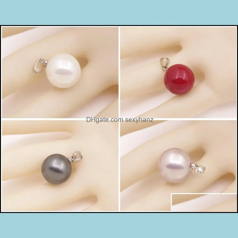 Pendant Necklaces Beauty 14mm Round Shell Beads Mother Of Pearl Choose Color White Gray Black Red Purple