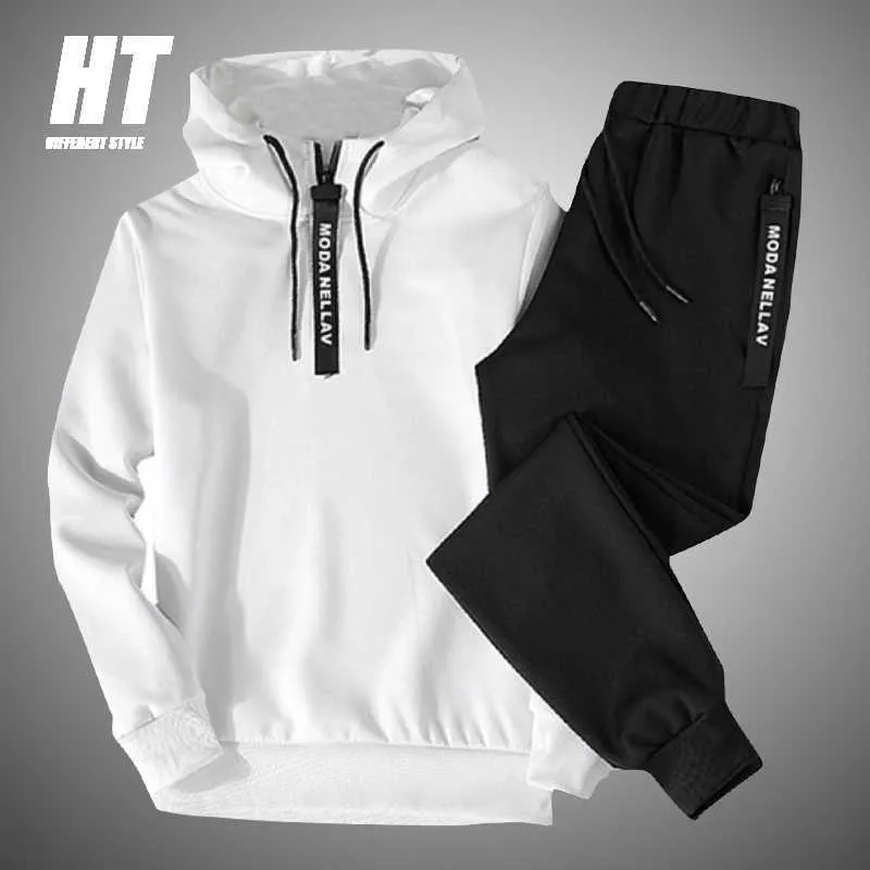 Cor sólida dos homens sportswear sets patchwork zipper tracksuit homens primavera casual moletom moletom hoodies 2pc + calças jogging terno 210603