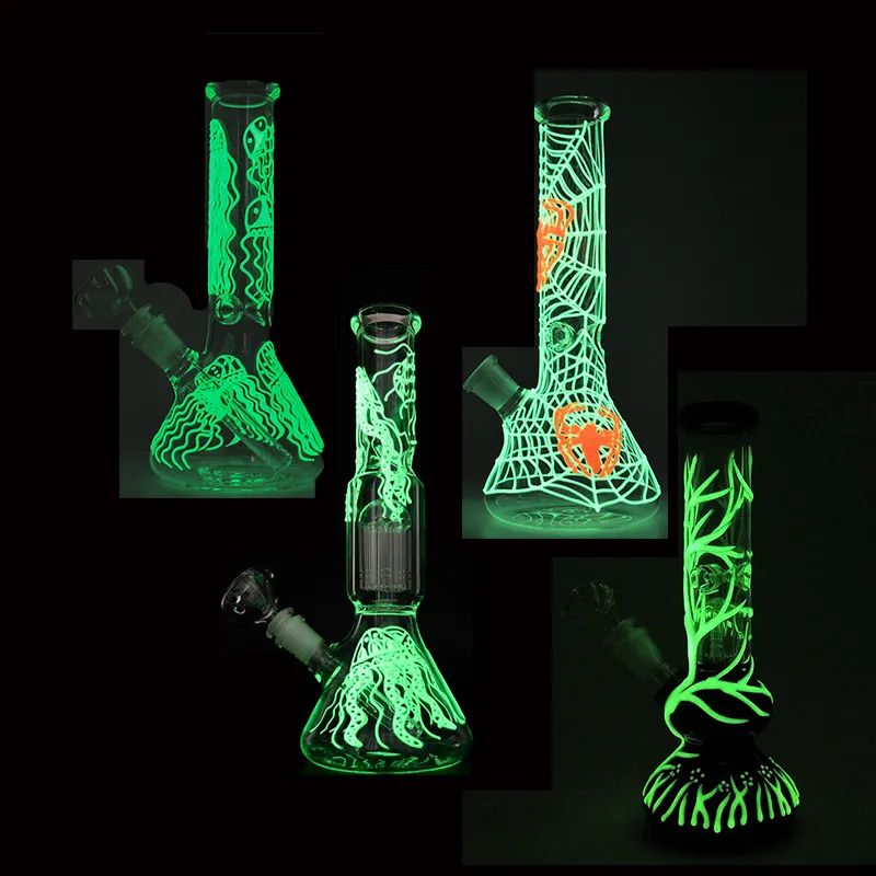 Glow In The Dark Glass Bong Hookahs Different Styles Oil Dab Rigs Beaker Bongs Clear Water Pipes With 18mm Glass Bowl Diffused Downstem