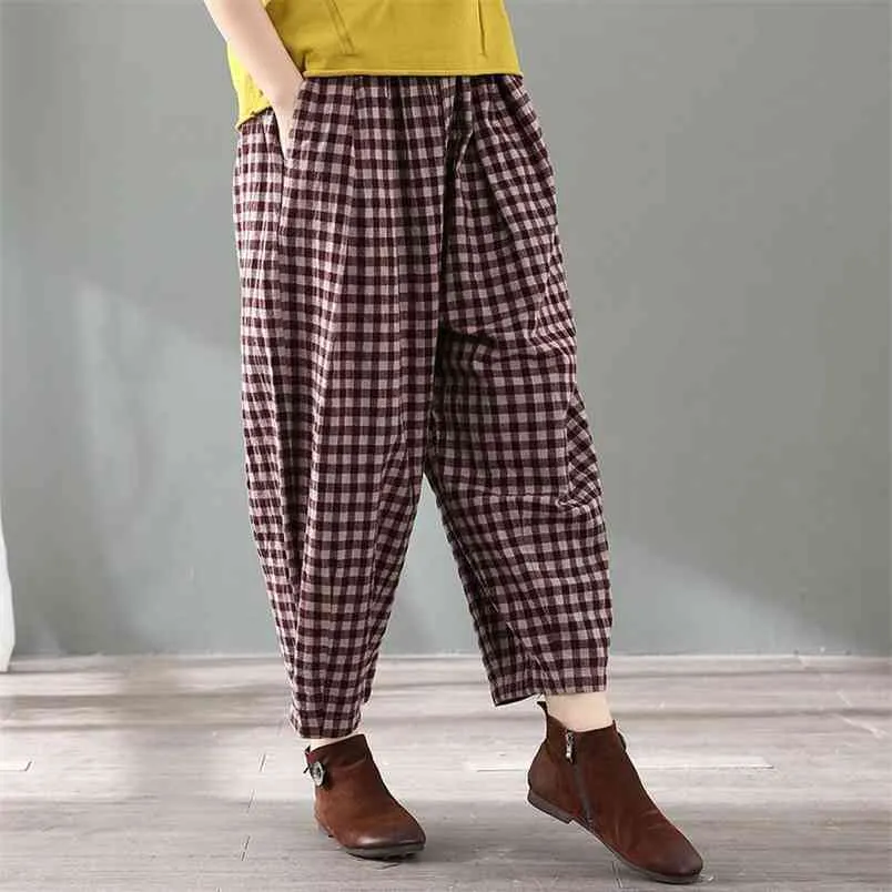 Frühling Sommer Kunst Stil Frauen Elastische Taille Lose Beiläufige Hosen Baumwolle Leinen Plaid Harem Große Größe M264 210512