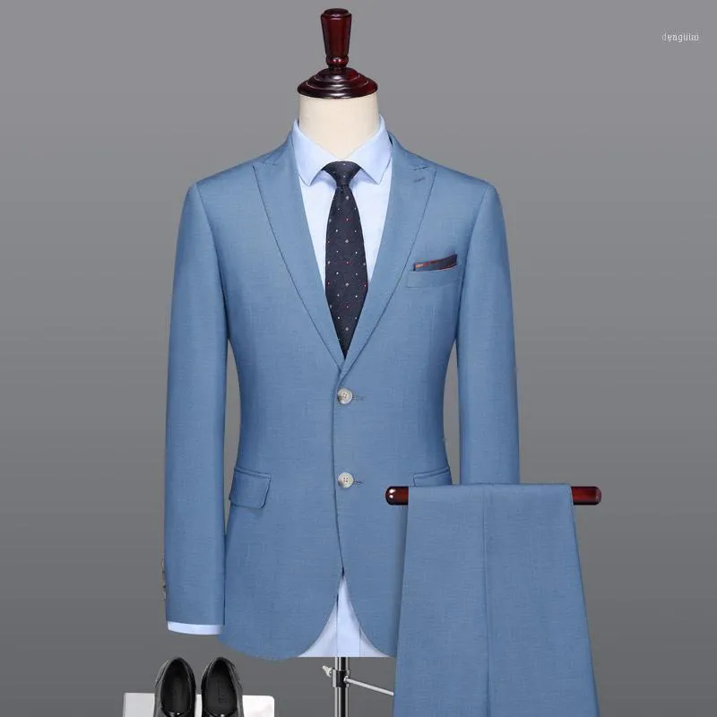 スーツの男性スマートカジュアルメンズスーツのパンツライトブルースリムフィット結婚式ブレザーパンツシングルブレスト2個セット1