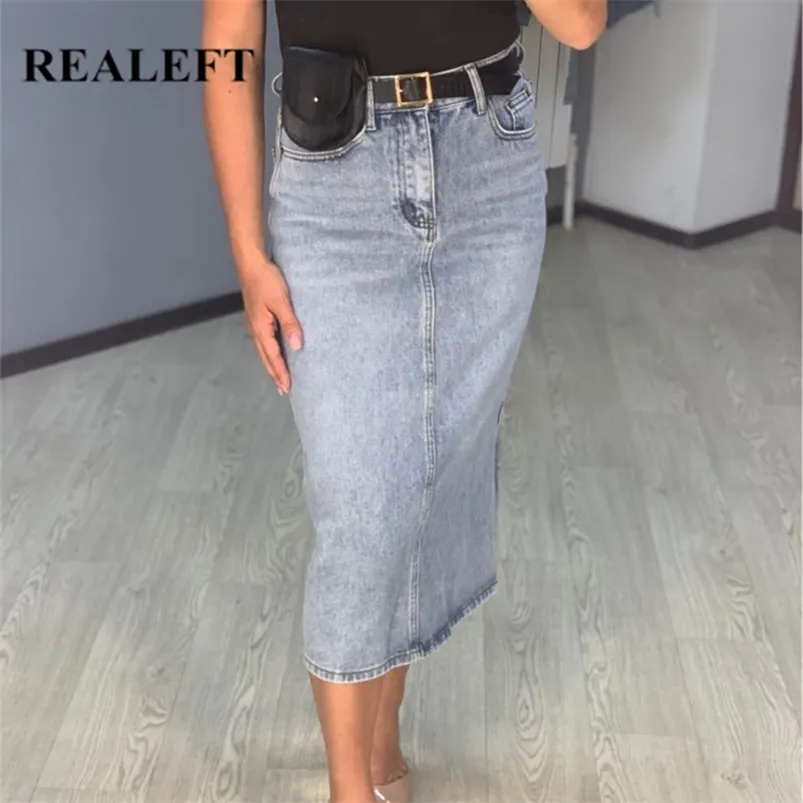 Realeft Summer Long Denim Jupe Femmes Vintage High Wasit Jeans avec ceinture droite A-ligne Crayon Femme 210721