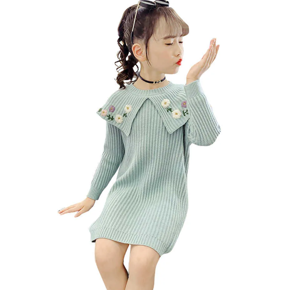 ドレスの女の子の花の女の子のセーターES刺繍子供のためのニット子供10代子供部の衣装6 8 10 12 14 210528