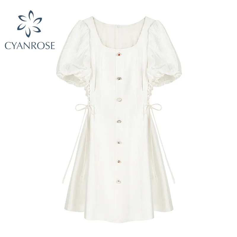 Chic Single Breasted White Dress Women Puff Short Sleeve Summer Lace-up Dresses Square Collar Zipper Elegant Preppy Style Frocks 210417