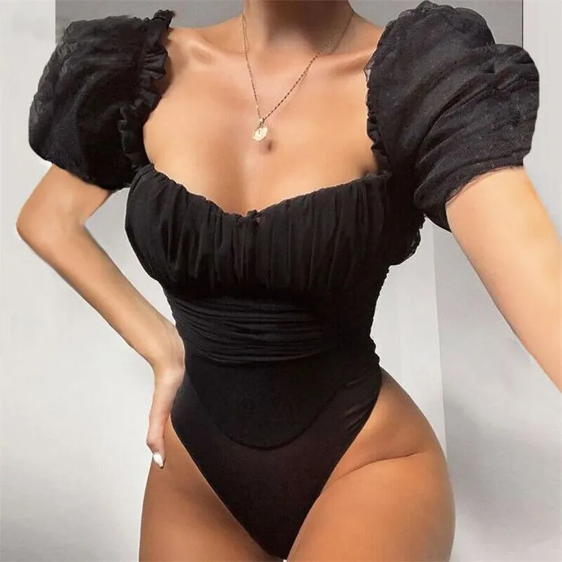 Sommar Fashion Square Collar Pullovers Elegant Skinny Mesh Rompers Omsj Kvinna Black Princess Sleeve High Street Bodysuits 210517