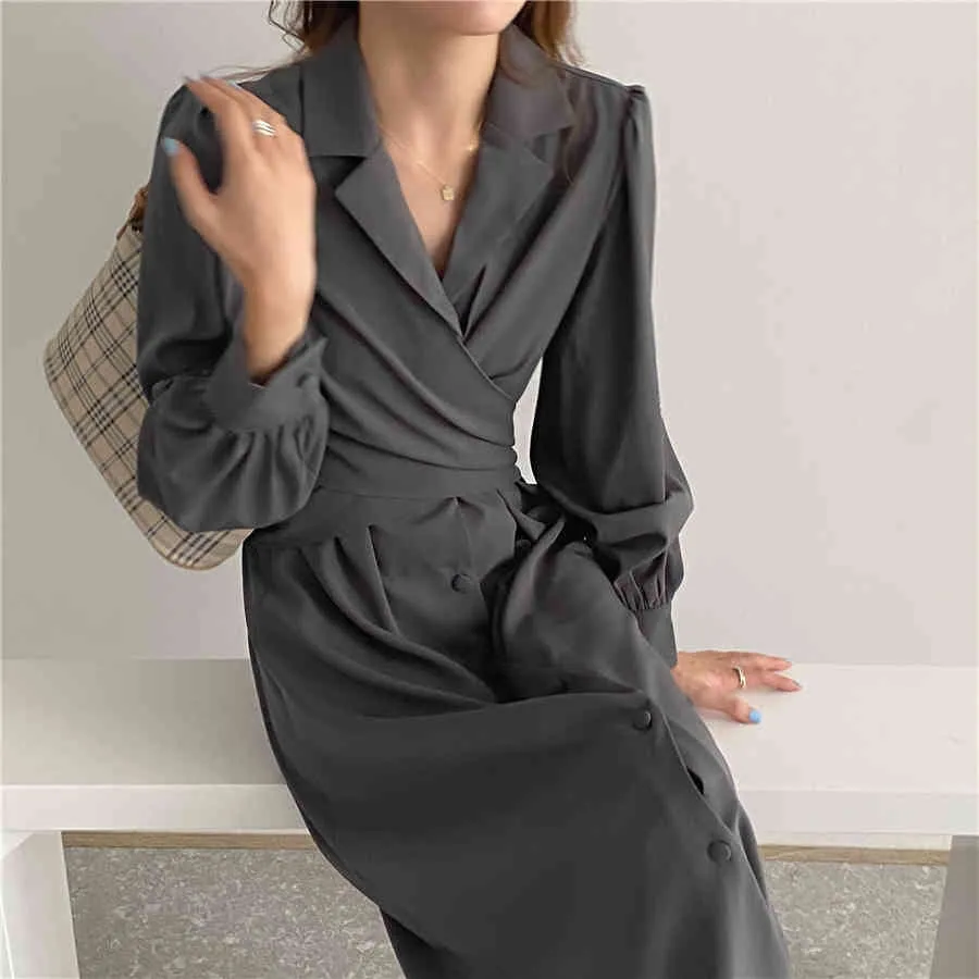 Kobieta Solidna Elegancka Sukienka Kobiety Bandaż Midi Split Biuro Lady Projektant Casual Koreański Styl Jednoczęściowy 71b 210420