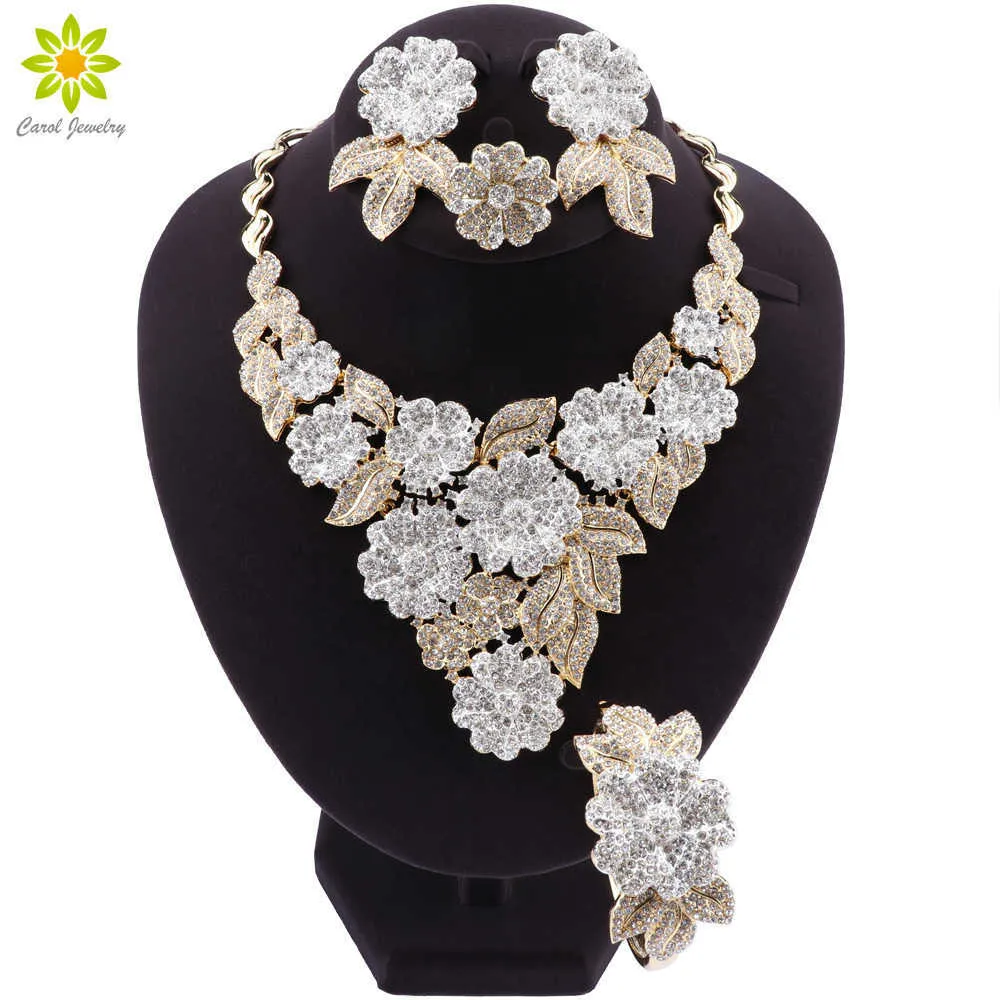 Gold Flower Shaped Nigerian Bridal Flower Jewellery Set With Crystal
