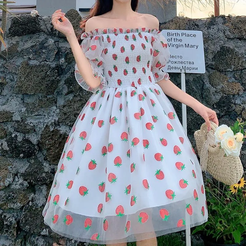 Strawberry Dresses Women French Style Lace Chiffon Sweet Dress Casual Puff Sleeve Elegant Printed Kawaii Dress Female