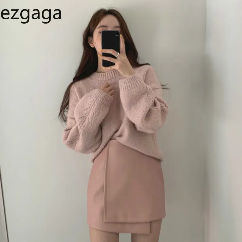 Ezgaga Vintage French Style Two Piece Set Women Chic Pink Sweater Pullover and Leather Y2k Skirts Elegant Jumper Ladies Tops 210430