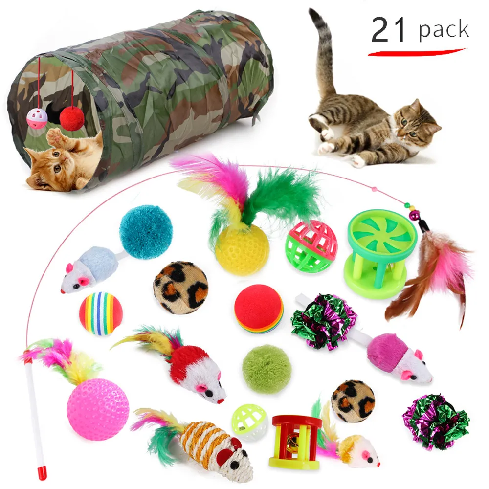 Fournitures Maison Jardin21Pcs Jouets Kit Pliable Tunnel Jouet Fun Canal Plumes Boules Souris Forme Pet Chaton Chien Chat Interactif Pl234y