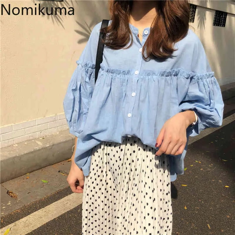 Nomikuma Kore Gevşek Bluz Kadın O Boyun Uzun Kollu Siyah Gömlek Tek Göğüslü Gevşek Üstleri Unicolor Chic Blusas Mujer 210514