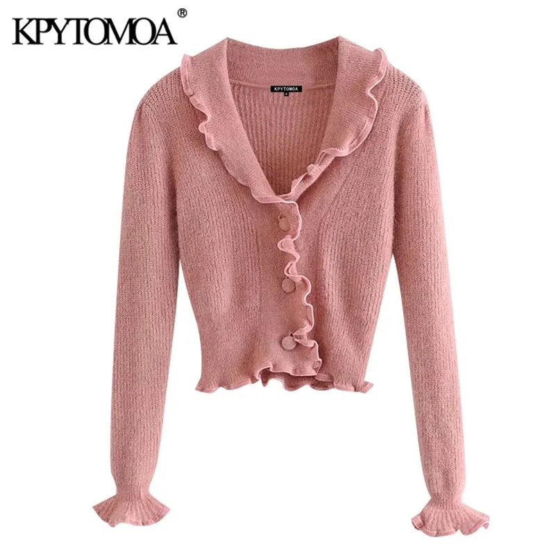 Vrouwen Mode met Knopen Geprikkelde Cropped Gebreide Cardigan Sweater Lange Mouw Vrouwelijke Bovenkleding Chic Tops 210420