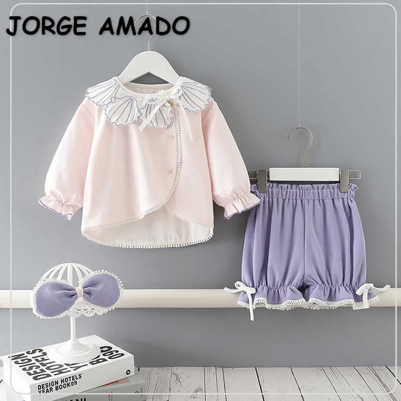 Conjuntos de 2 uds. De primavera para niñas pequeñas, camisas de manga larga abullonadas, Top + pantalones cortos con lazo y tocados, ropa para niños E9120 210610