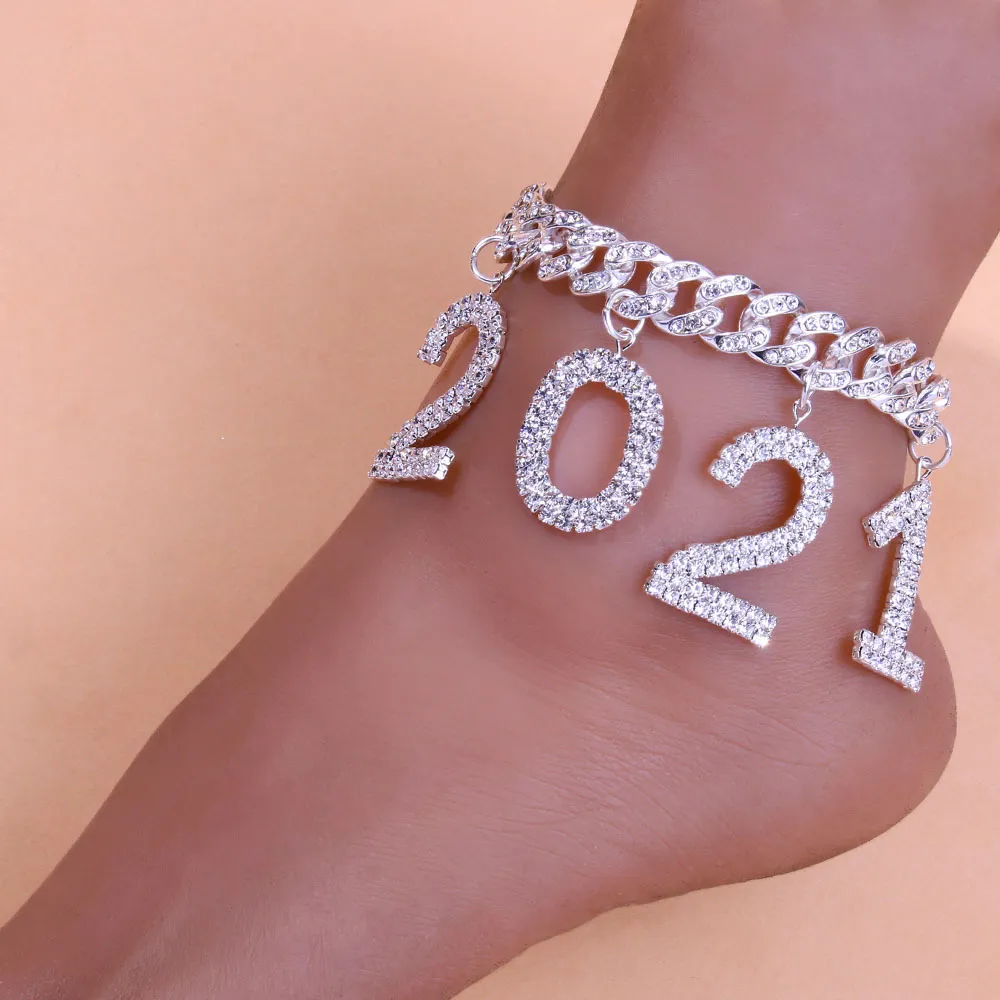 Stonefans 1980-2021 출생 년 발목 다리 팔찌 쥬얼리 모조 다이아몬드 쿠바 링크 번호 Anklet Chunky 여성용 선물 도매