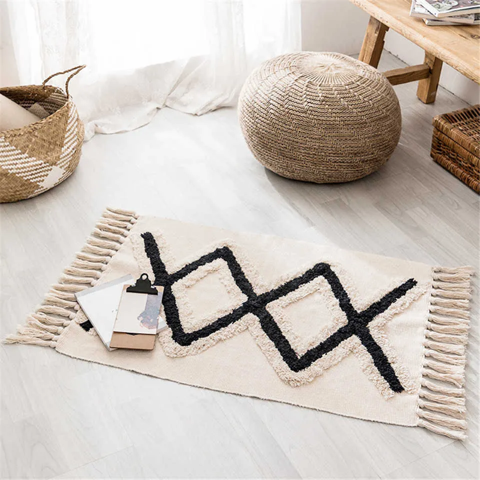 star Black White Carpet Cotton Linen Geometric Rug Nordic Ethnic Style Bedroom Floor Mat Hand Woven Tassel 210626