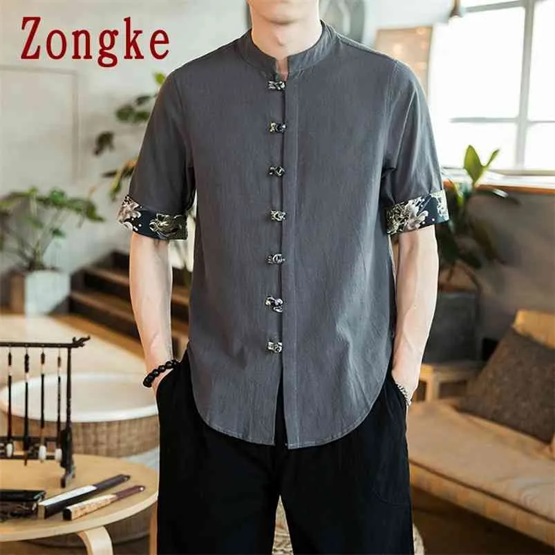 Zongke Summer Casual Koszulka z krótkim rękawem Mężczyźni Chiński styl Bawełna Pościel Mężczyźni Koszula Pół Rękaw Męski Odzież Marka M-5XL 210708