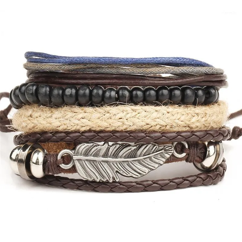 Charm Bracelets Multi-layer Leaves Leather Bracelet Handmade Beads 4 Sets Bangle For Men And Women Jewelry Wholesale YP8516