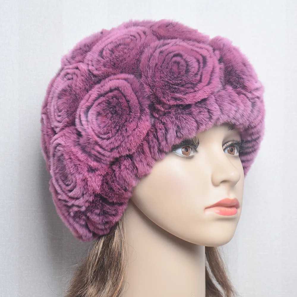 Cappello invernale da donna lavorato a maglia in vera pelliccia di coniglio Rex naturale, berretto caldo femminile