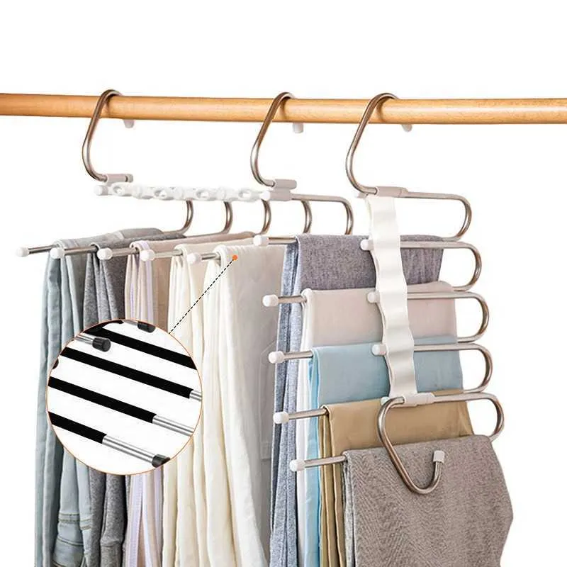 5 in 1 Pant Rack Hanger for Clothes Organizer Multifunction Shelves Closet Storage Organizer StainlessSteel Magic Trouser Hanger 210702