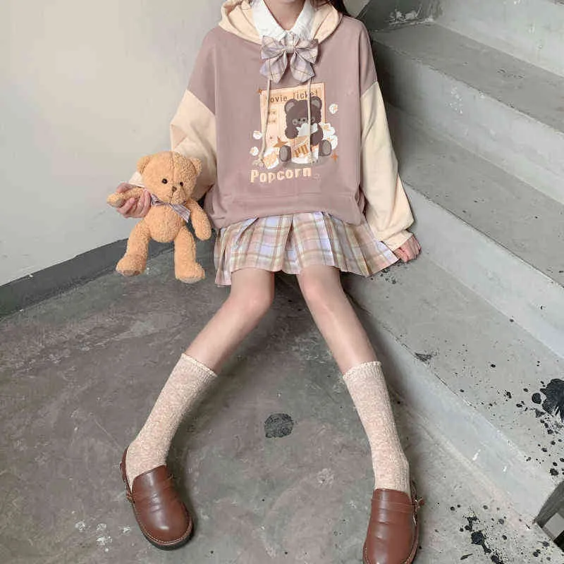 Fashion-Japanese Höst och Vinter Hoodies för Teen Girls Student Kawaii Lolita Hoodie Color Matching Loose Gothic Trend Hooded