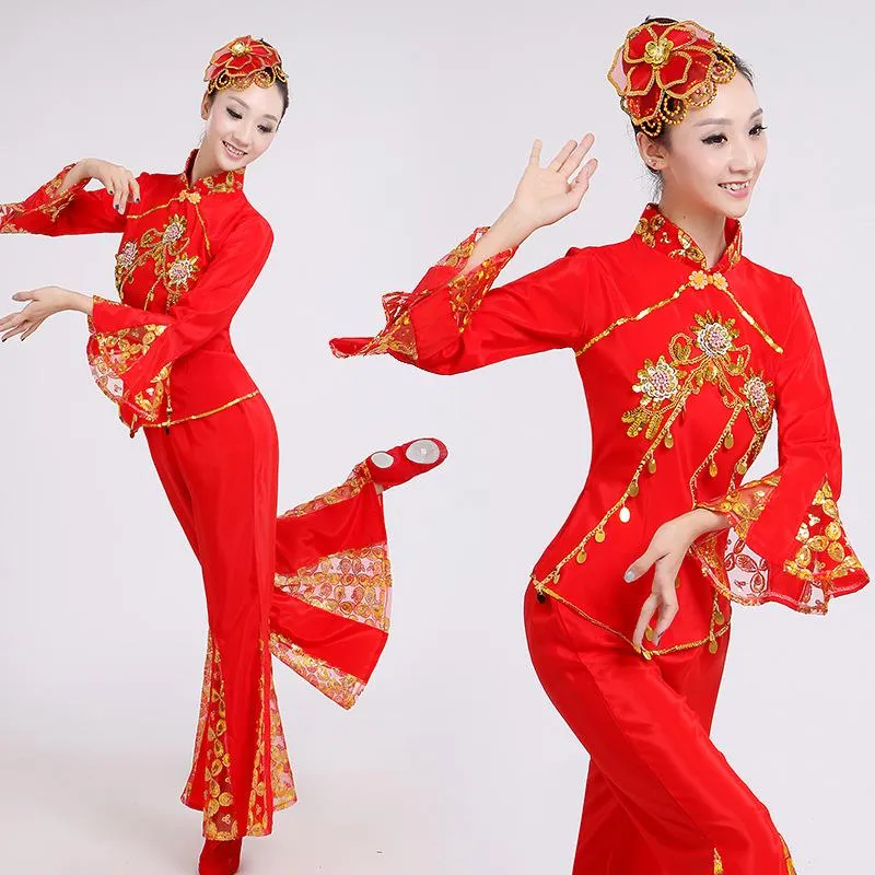 Color rojo amarillo chino antiguo tradicional tradicional talla grande yangko baile disfraces folk folin
