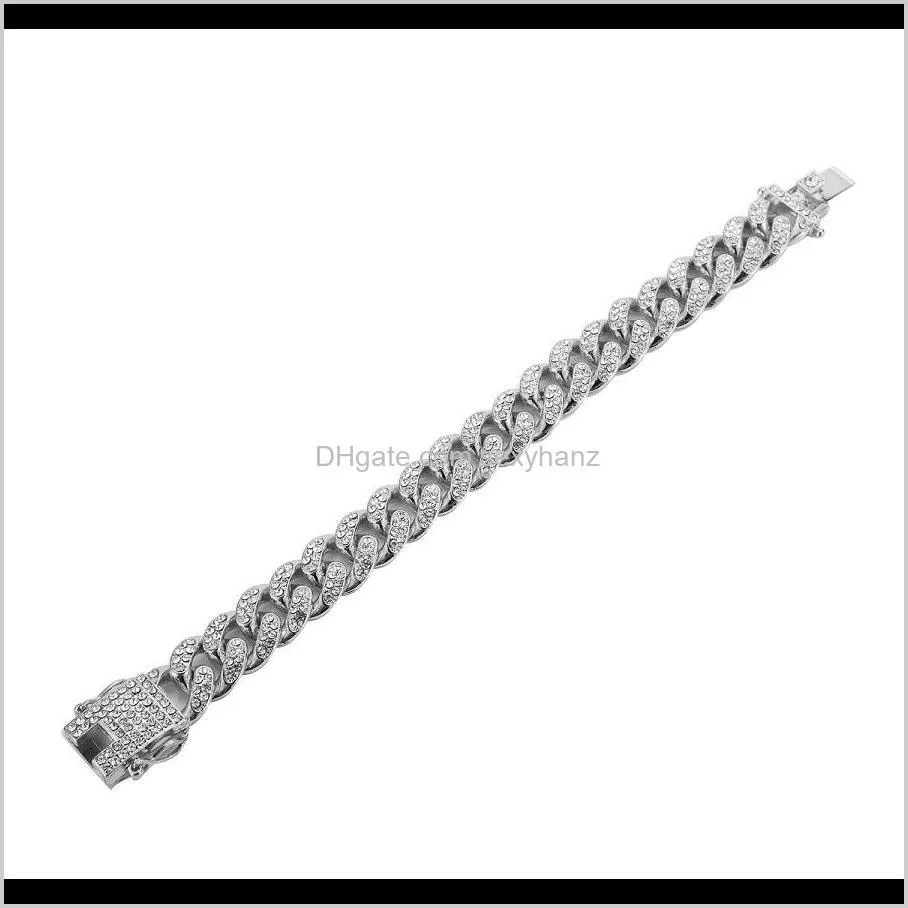 full rhinestone men`s stainless steel biker bracelet gold silver color double safety magnet clasp fashion hip hop jewelry bracelets for