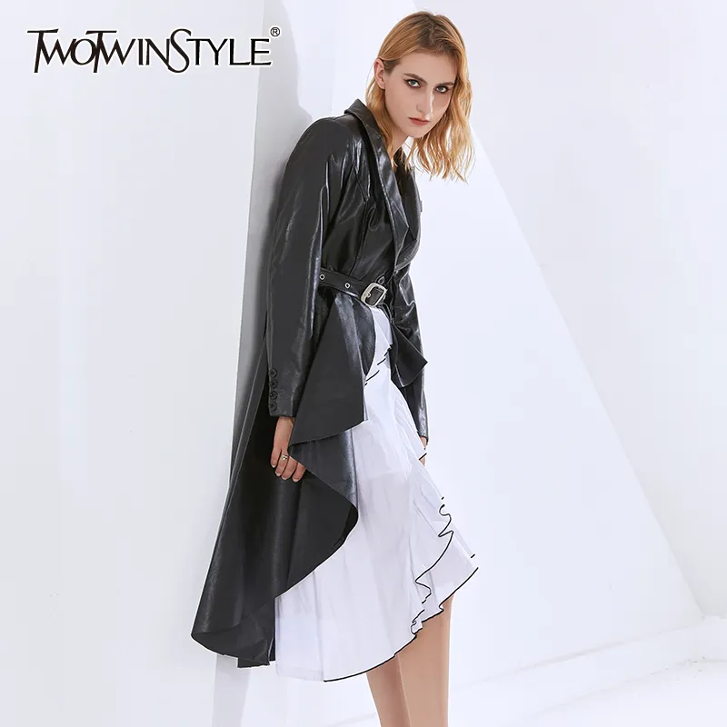 TWOTWINSTYLE Schwarz PU Leder frauen Mantel Revers Kragen Hohe Taille Schärpen Asymmetrische Saum Weibliche Mäntel Herbst Mode 210517