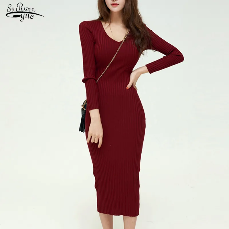 Stricken Pullover Kleid Frauen Solide Vintage Langarm Langes Kleid V-ausschnitt Winter Midi Kleid für Frauen Kleidung Robe Femme 12700 210518