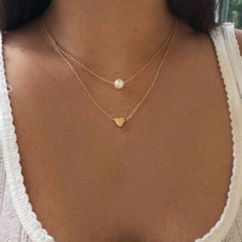 New Bohemia Simple fashion Imitation pearl love Heart Double layer Clavicle chain necklace accessories female Jewelry Wholesale