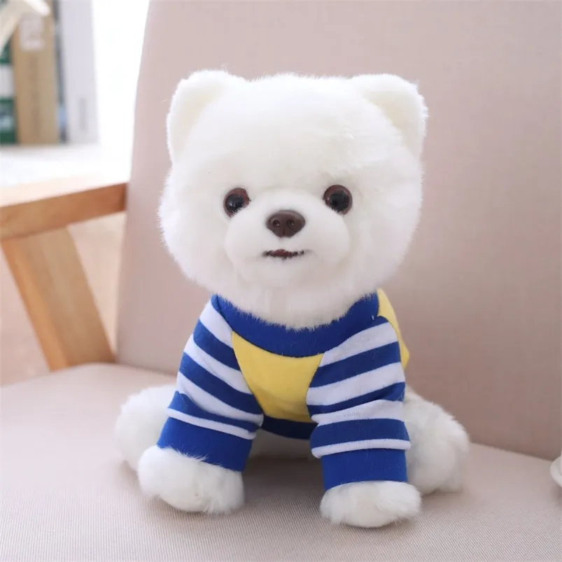 Adorable Dog Plush Toy Pure White Blue Stripe T-shirt Dressed Pomeranian Doggy Stuffed Animal Pets 25cm Little Kids Gift 210728