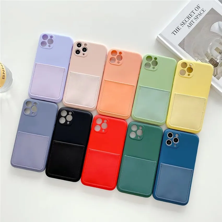 Flytande silikonfall kortficka för iPhone 12 Pro Max Mini 11 Colorfull Mobiltelefonväska Anti-Fall Skyddskåpa 10 färger