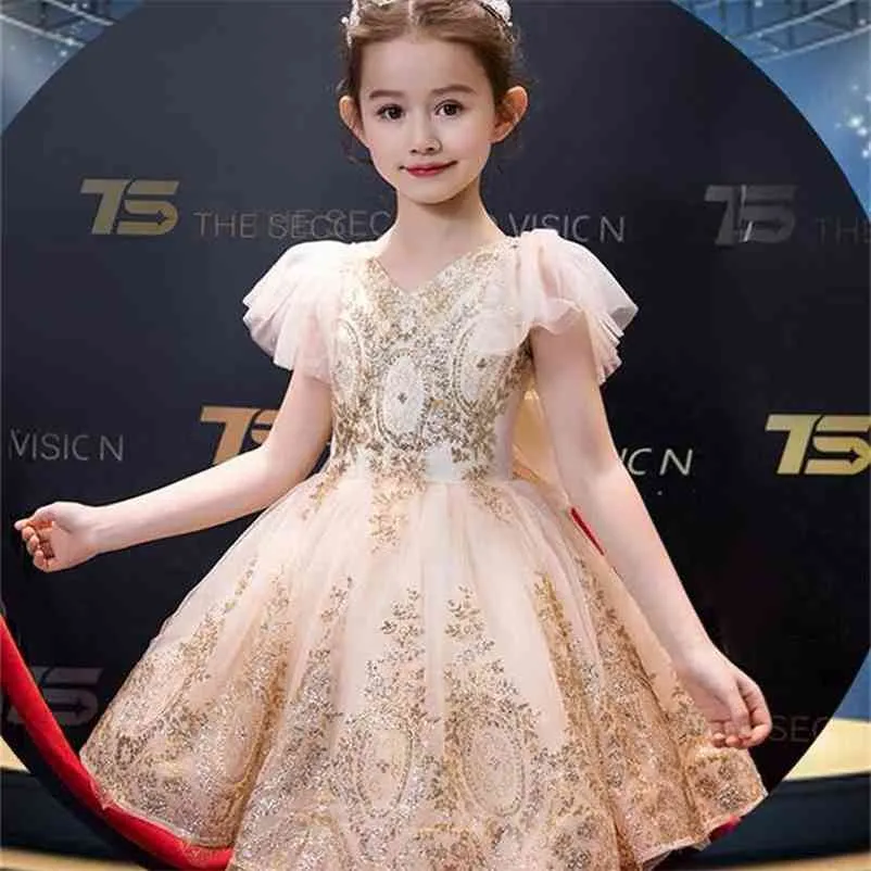 Gold Sequins Flower Girl Dress Embroidered Flare Sleeve Princess Dresses for Party Wedding Baby Clothes 3-12Y SH001 210610