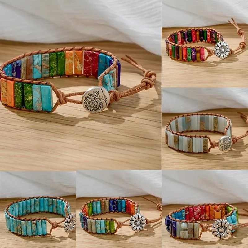 Bracelets de perles en cuir de pierre naturelle faits à la main mode 7 Chakra hommes femmes fleur arbre de vie guérison Yoga Bracelet bracelet