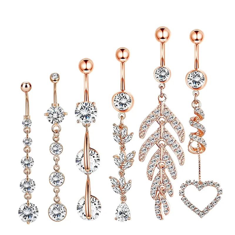 Stainless steel copper zircon set belly button ring umbilical nail vacuum plated rose gold body piercing jewelry