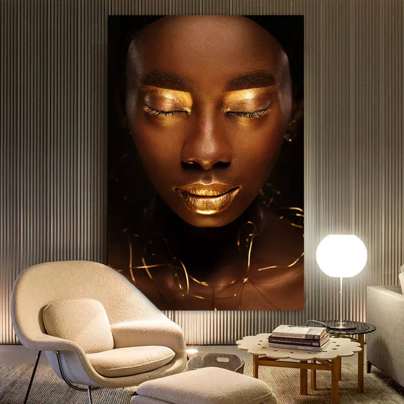 Abstract Gold Lips Canvas Wall Art: Modern Portrait Painting For Living ...