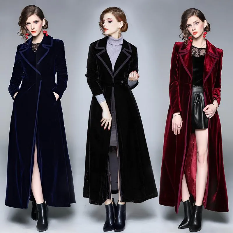 Kvinnors Trench Coats Runway Designer Kvinnor Vintage Notched Krage Röd Vin Velvet Maxi Coat Höst Vinter Mode Tjock Varm Lång Outwear