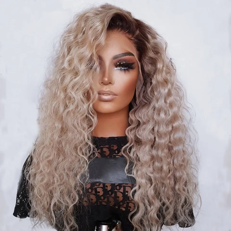 Curly Brown Ombre Blonde Lace Front Wig Human Hair Peruvian Remy 13x4 HD Transparent 360 Front Pärlor för kvinnor 150% densitet på försäljning