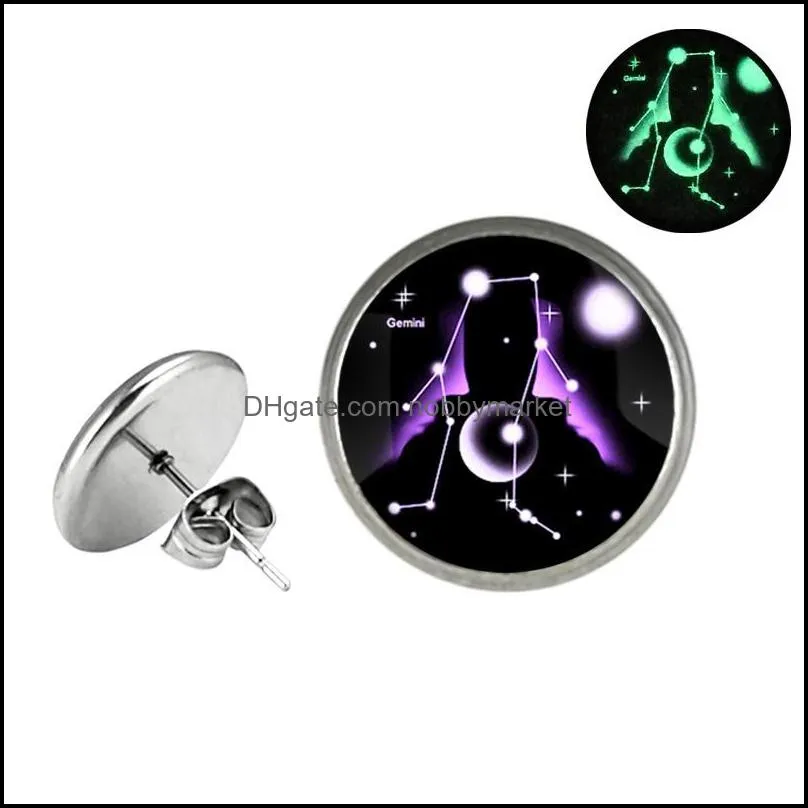 Glow in The Dark 12 Zodiac Sign Stud Earrings For Women Glass constellation Stainless steel hypoallergenic Silver Ear Rings Fashion