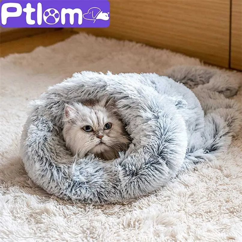 Winter Long Plush Pet Cat Beds Round Cushion House 2 In 1 Self Warming s Sack Cozy Sleep Bag Basket For Small Dog 211006