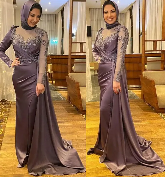 2022 Plus Size Arabic Aso Ebi Muslim Lace Beaded Prom Dresses Sheer Neck Satin Evening Formal Party Second Reception Bridesmaid Gowns Dress ZJ206