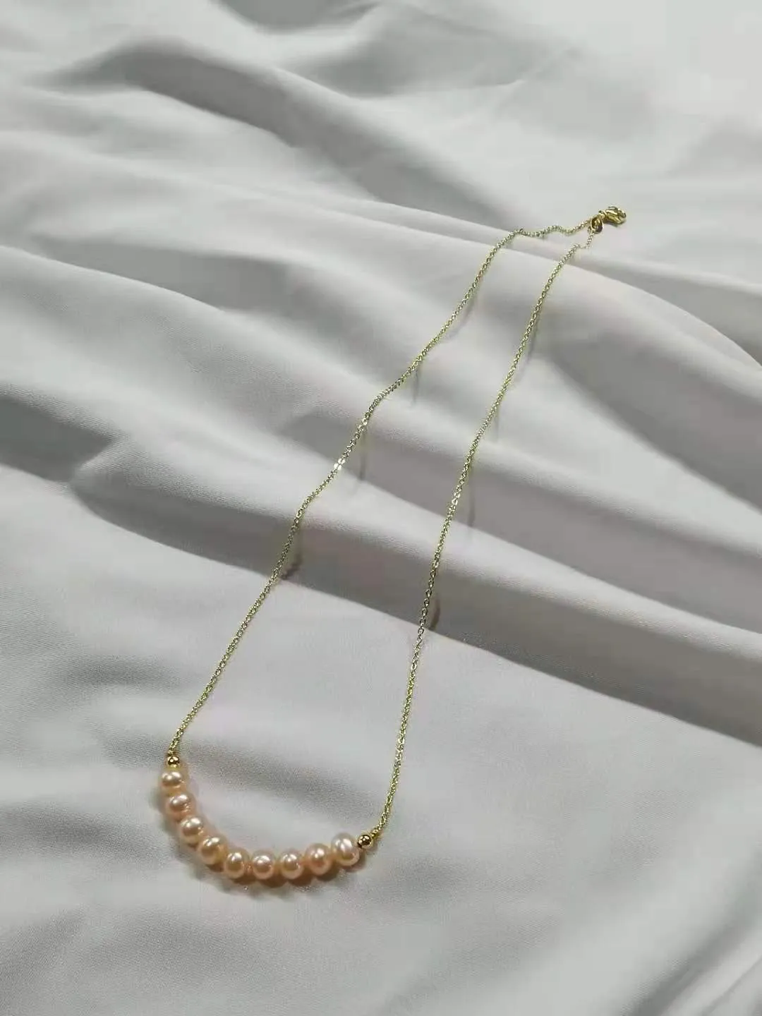 Collier Simple avec 9 perles souriantes, 5-6mm, 45cm, perle d'eau douce rose, couleur dorée, accessoires de chaîne, 2 pièces/lot
