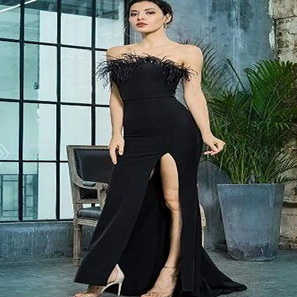 black prom dresses 2021 Black Prom Dresses 2021, One Shoulder Prom Dresses, Feather Prom Dresses, Black Evening Dresses, Long Sleeve Prom Dresses, Side Slit Prom