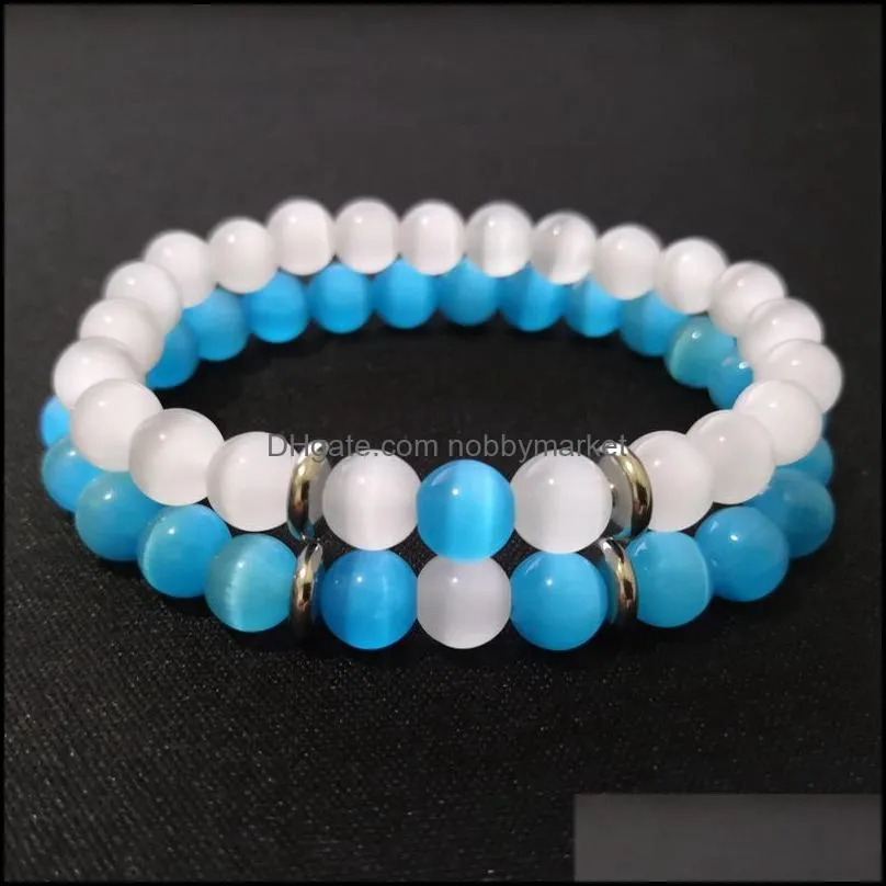 New 8MM Blue White Opal beads chains Bracelet For Women Men Couple Healing crystal Natural stone Strands beaded Bangle Fashion Jewelry