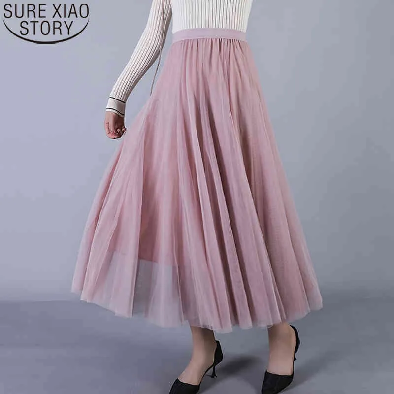 Mujeres plisadas primavera moda estilo coreano 4 colores cintura elástica casual maxi malla falda larga faldas sólidas para mujer 9840 210417